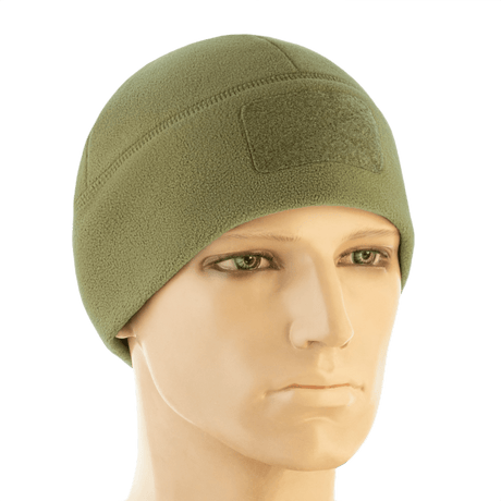 M-Tac Watch Cap Elite Fleece Beanie Hat Velcro i grøn, let og varm, perfekt til koldt vejr og taktisk brug, set på mannequin