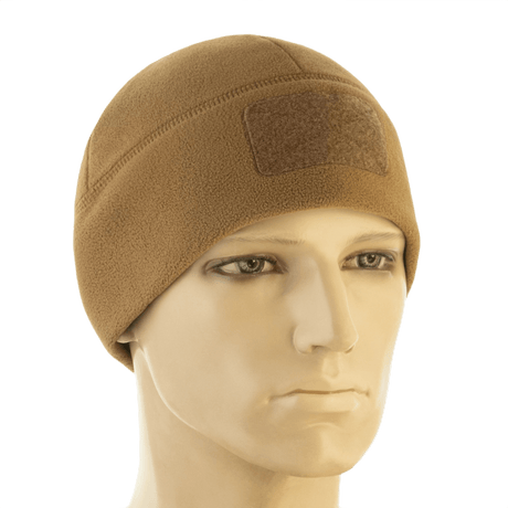 M-Tac Watch Cap Elite Fleece Beanie Hat Velcro i brun farve på mannequin, perfekt til taktisk brug og beskyttelse mod kulde.