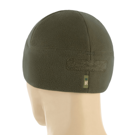 M-Tac Watch Cap Elite Fleece Beanie Hat Velcro i olivengrøn farve, set bagfra, med velcro-panel. Ideel til taktisk og vinterbrug.