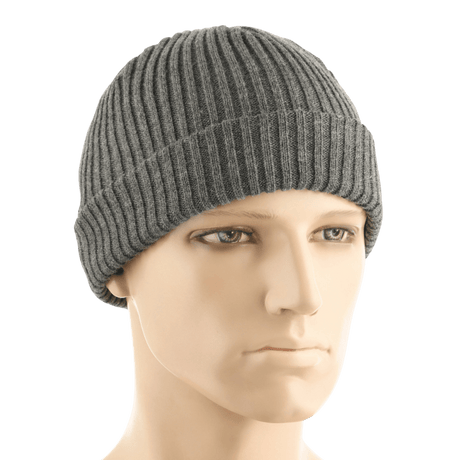 M-Tac Watch Cap 100% Akryl i grå industristrik med lav pasform, dobbel opslag for ekstra varme, velegnet til køligt vejr.
