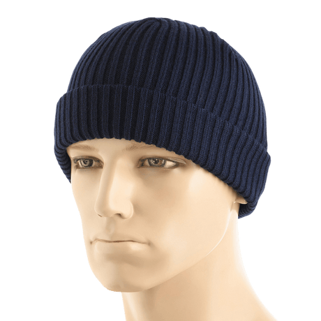 M-Tac Watch Cap 100% Akryl strikhue i mørkeblå farve, ideel til koldt vejr med dobbelt opslag for ekstra varme, lavet af 100% akryl.