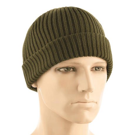 M-Tac Watch Cap 100% Akryl - strikket hue i olivengrøn, til køligt vejr, med lav profil og dobbel opslag for ekstra varme.