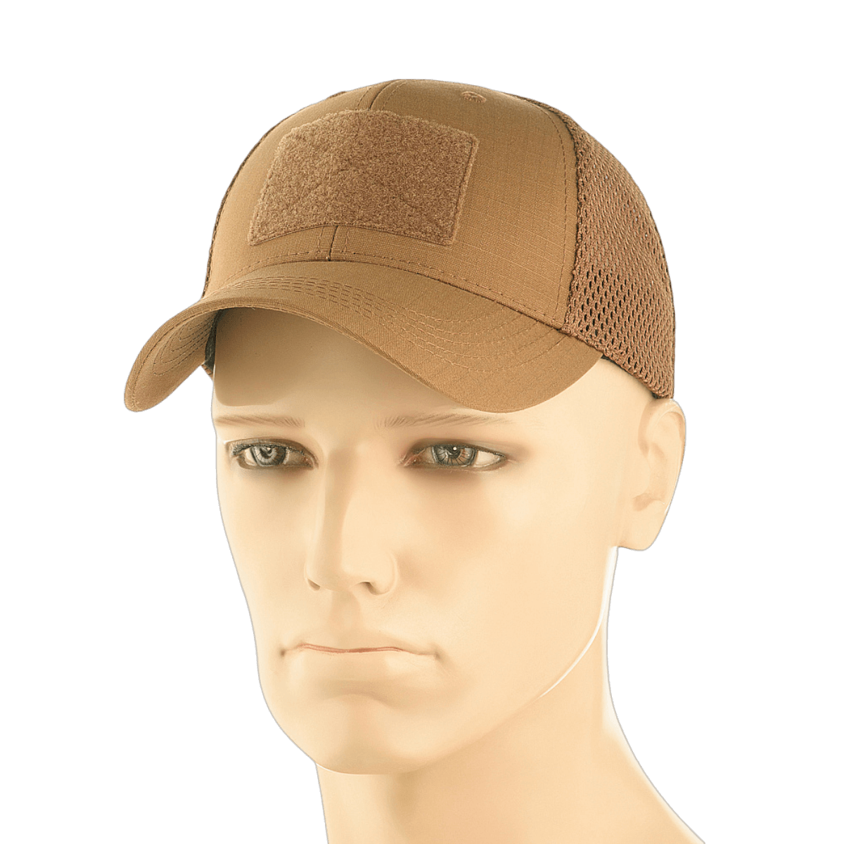 M-Tac Baseball Cap Ripstop Elite Flex i brun farve på mannequin, viser detaljerne i design og mesh sider for ekstra ventilation.