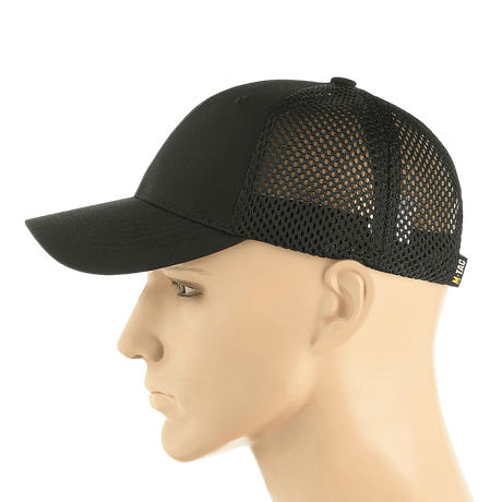 Sort M-Tac Mesh Flex Ripstop Baseball Cap med ripstop-front og mesh-paneler, justerbar Velcro-strop og fast skygge til udendørs brug.