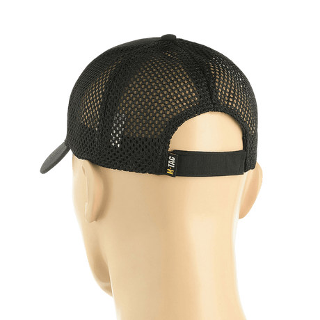 Sort M-Tac Mesh Flex Ripstop Baseball Cap set bagfra, viser mesh-paneler og justerbar Velcro-strop, perfekt til ventilation og komfort.