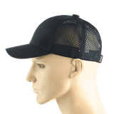 M-Tac Mesh Flex Ripstop Baseball Cap i sort med ventilationspaneler på hver side, set på en mannequinhoved. Praktisk og holdbar til udendørs brug.
