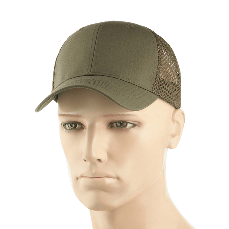M-Tac Mesh Flex Ripstop Baseball Cap i grøn med mesh-paneler, justerbar Velcro-strop og fast skygge, perfekt til udendørs brug.