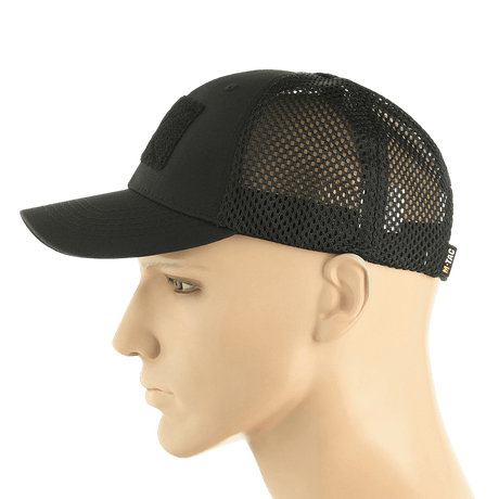 M-Tac Mesh Flex Ripstop Baseball Cap med Velcro i sort med ventilationspaneler og justerbar størrelse, set fra siden på mannequin.