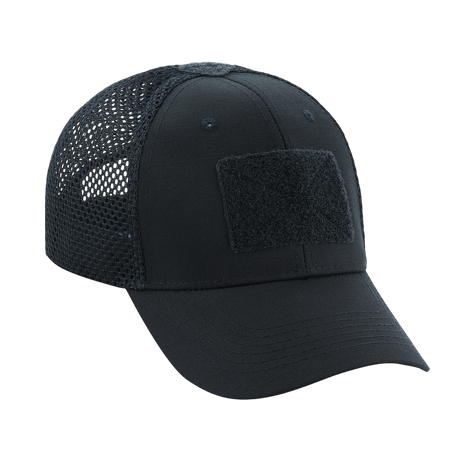 M-Tac Mesh Flex Ripstop Baseball Cap med Velcro i sort med mesh-paneler og justerbar pasform, perfekt til sommer og taktisk brug.
