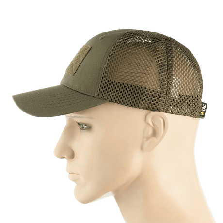 M-Tac Mesh Flex Ripstop Baseball Cap med Velcro i olivengrøn med ventilationsmesh og velcro-panel, set fra siden