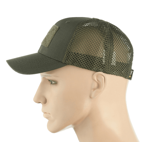 M-Tac Mesh Flex Ripstop Baseball Cap med Velcro i olivengrøn med netpaneler for optimal ventilation og komfort, set fra siden på mannequin.