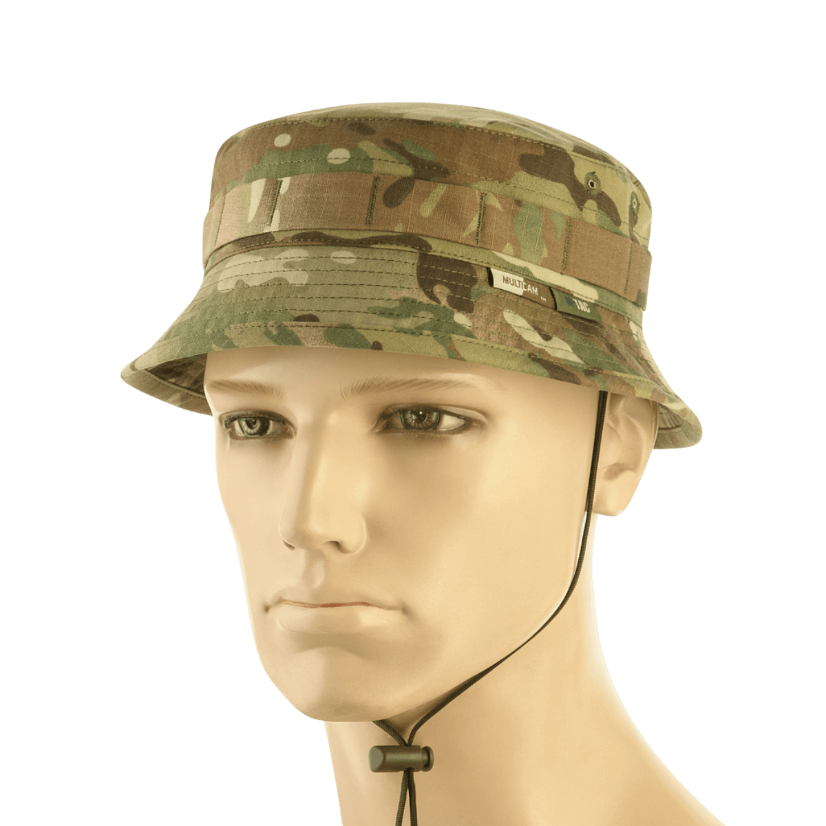 M-Tac Panama Hat Gen.II NYCO i camouflagemønster med MOLLE-interface og justerbar snor på mannequinhoved.