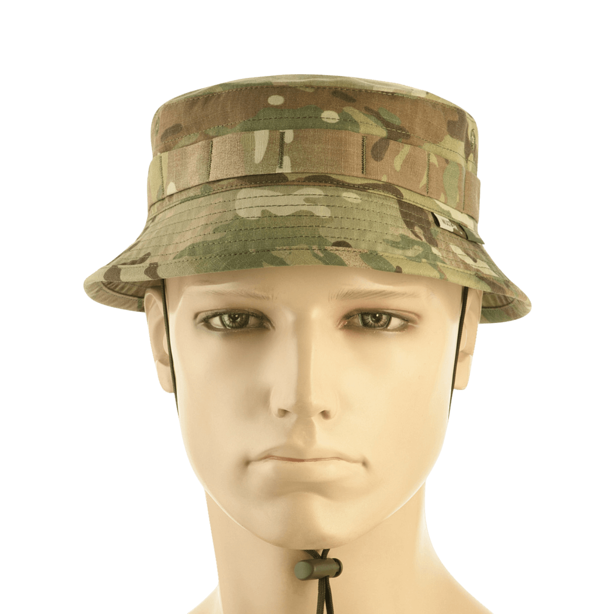 M-Tac Panama Hat Gen.II NYCO i camouflage på mannequin, komfortabel til sommer og holdbar, med MOLLE og ventilationshuller.