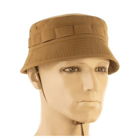 M-Tac Panamahat Gen. II Summer Flex brun hat på mannequin, let materiale, solbeskyttelse, kort skygge, ideel til varmt vejr.