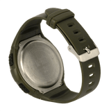 Bagside af M‑Tac Taktisk Ur med Pedometer med grøn rem, perfekt til sport og udendørs aktiviteter, vandtæt og multifunktionel.