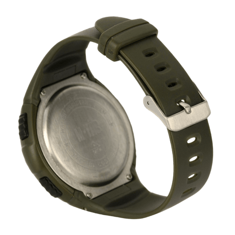 Bagside af M‑Tac Taktisk Ur med Pedometer med grøn rem, perfekt til sport og udendørs aktiviteter, vandtæt og multifunktionel.