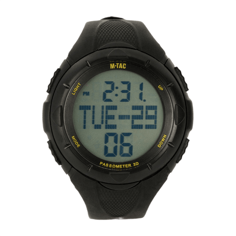 M‑Tac Taktisk Ur med Pedometer - sportsur med step og kalorietæller, vandtæt design, sort digital display.