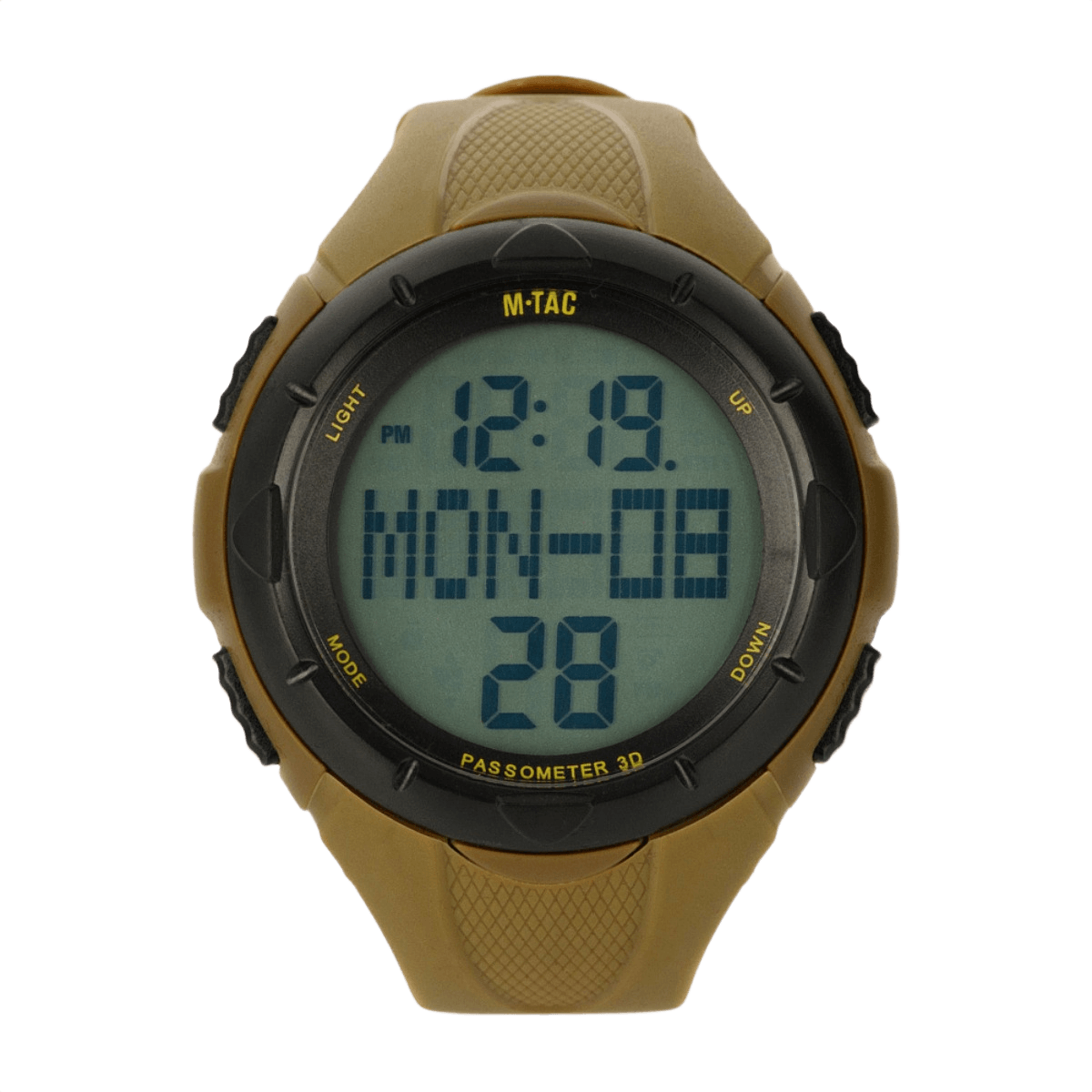 M‑Tac Taktisk Ur med Pedometer i digital visning, perfekt til sport og udendørs aktiviteter, med funktioner som skridttæller og kalorietæller.