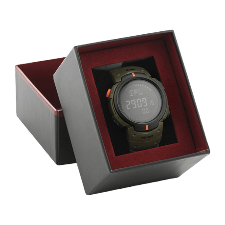 M‑Tac Taktisk Compass Ur i æske, perfekt til udendørs aktiviteter og ekstreme situationer, vandtæt ur med elektronisk kompas og alarmer.