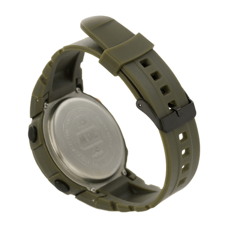 Bagside af M‑Tac Taktisk Compass Ur med grøn gummirem og metalhus.