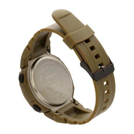 Bagsiden af M‑Tac Taktisk Compass Ur med gummiarmbånd og vandtæt design, perfekt til udendørs aktive begivenheder.