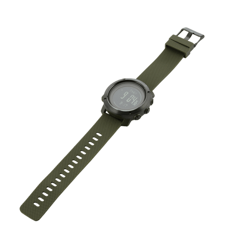 M‑Tac Multifunktionelt Taktisk Ur med grøn rem og avancerede funktioner som altimeter og barometer, ideelt til friluftsliv.