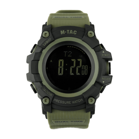 M‑Tac Taktisk Adventure Ur med mange funktioner, robust urkasse i polycarbonat, altimeter, barometer, termometer, vandafvisende design.