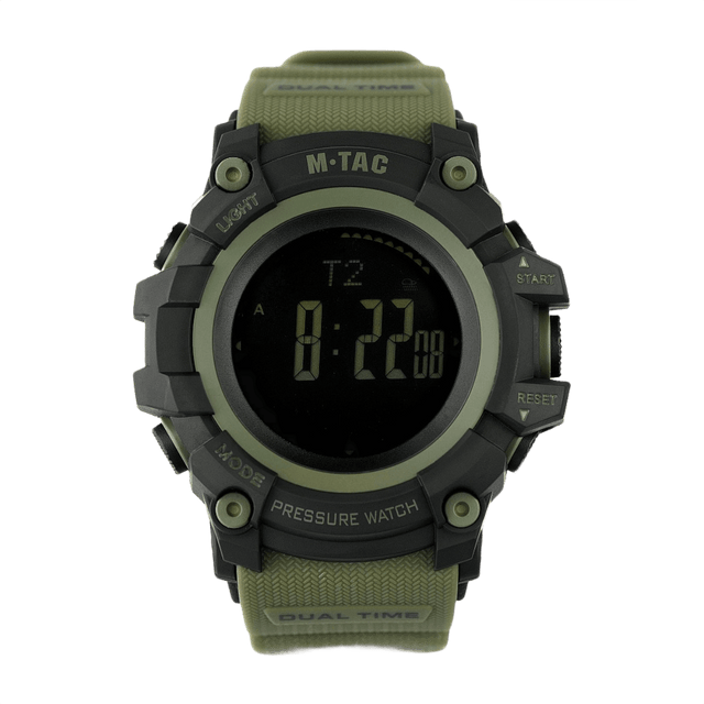 M‑Tac Taktisk Adventure Ur med mange funktioner, robust urkasse i polycarbonat, altimeter, barometer, termometer, vandafvisende design.