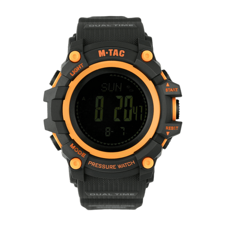 M‑Tac Taktisk Adventure Ur i sort og orange med funktioner som altimeter, barometer og 3D pedometer på displayet.