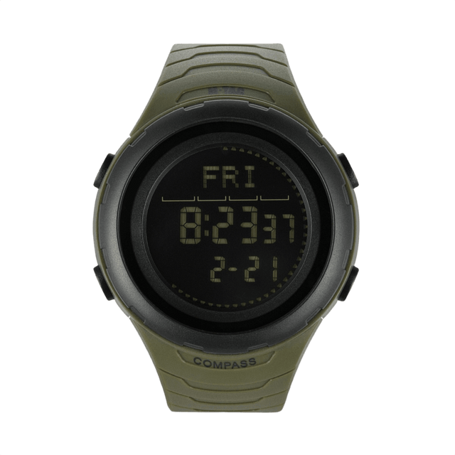 M-Tac Tactical Ur 2166 med kompas, LED-baggrundsbelysning, ABS-plastik kasse og vandmodstand 5ATM for holdbarhed og funktionalitet.