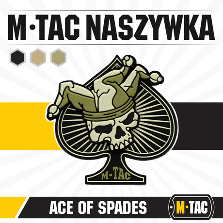 M-Tac Ace of Spades 3D PVC Patch med dødningehoveddesign, velegnet til taktisk brug, fastgøres med Velcro, robust PVC materiale.