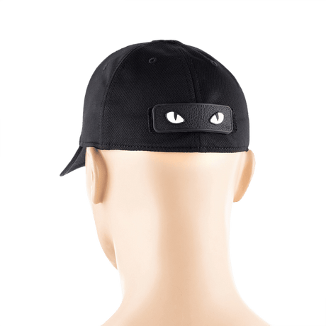 M-Tac Cat Eyes 3D PVC Patch på sort hat, lysreflekterende og nem fastgørelse via Velcro, ideel til militær og outdoor brug.