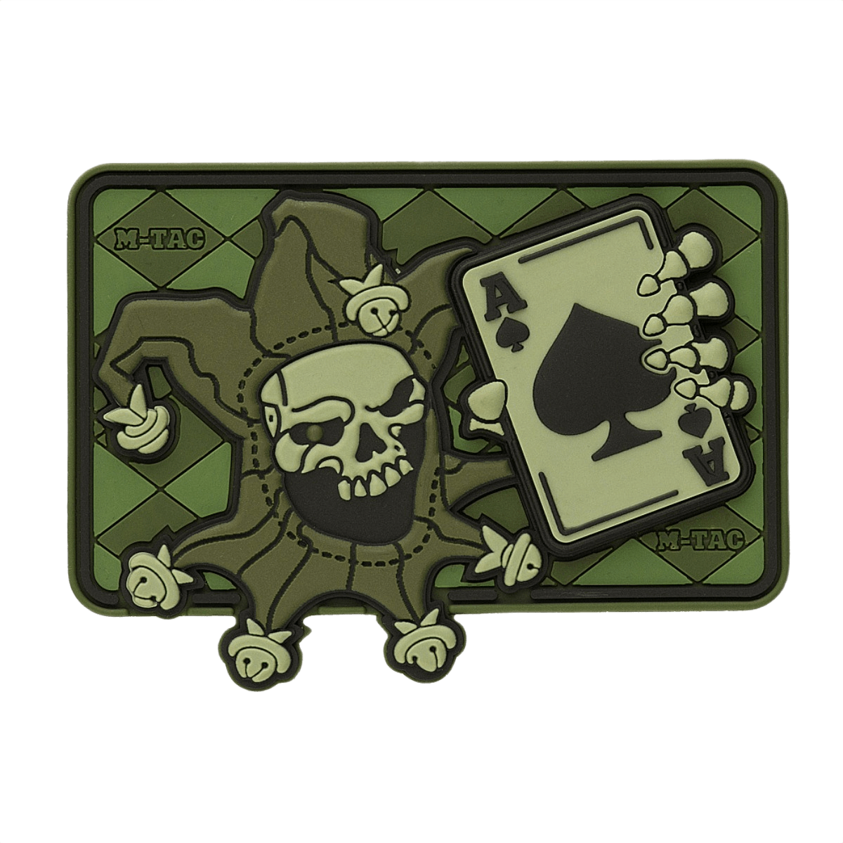 M-Tac Patch Joker Skull 3D PVC med joker og es i dødskort design, taktisk morale patch i PVC med velcro, 78 x 55 mm.