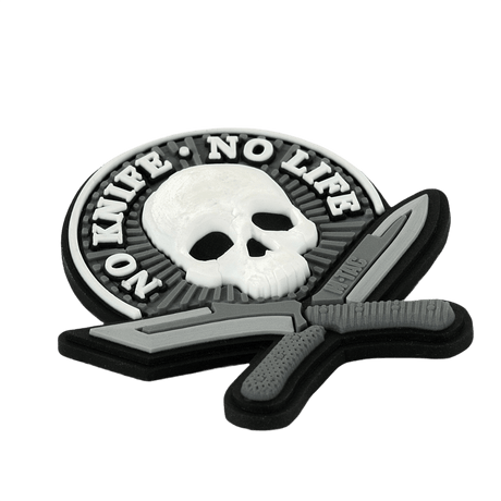M-Tac Patch No Knife – No Life 3D PVC morale patch med kranie og knive, velcro bagside, 50x50 mm, taktisk udstyr.
