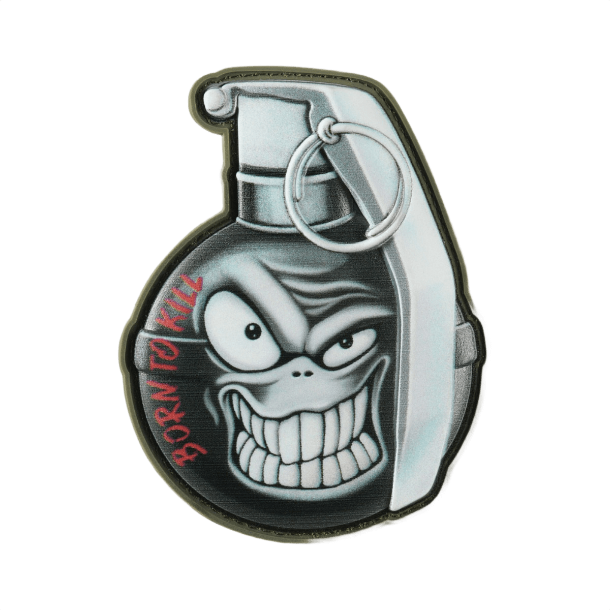 M-Tac Patch M67 Granat 3D PVC med humoristisk emoji og teksten 'Born to Kill', perfekt til taktisk udstyr, størrelse 8.8 x 6.8 cm