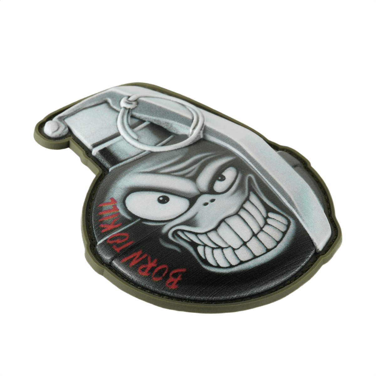 M-Tac Patch M67 Granat 3D PVC med "Born to Kill" tekst i sjovt granatdesign, lavet af holdbart PVC med velcrobagside, størrelse 8.8 x 6.8 cm