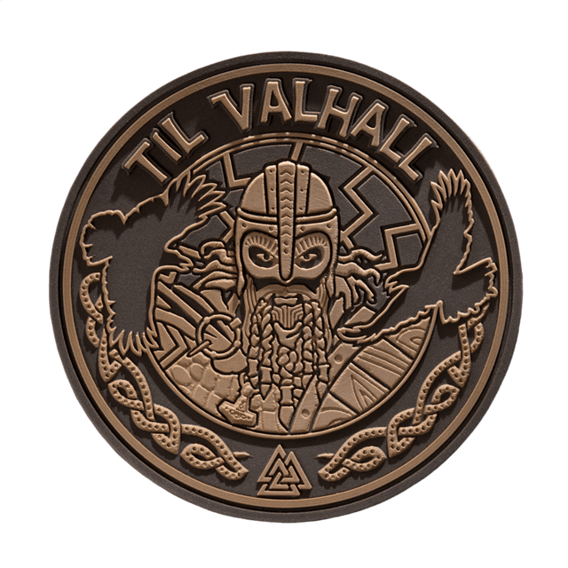 M-Tac Patch Til Valhall PVC med vikingedesign og ravne, perfekt til uniformer, tasker eller taktisk udstyr. Velcro-bagside, diameter 80 mm.