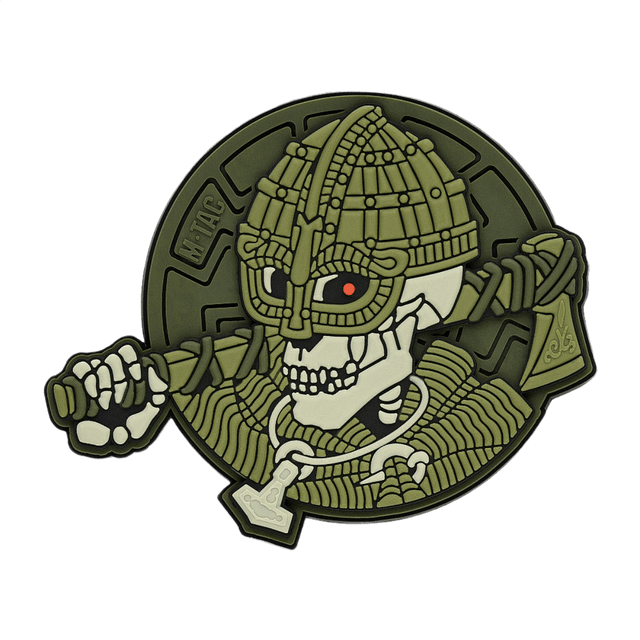 M-Tac Patch Undead Viking 3D PVC i grøn gummi med skeletkriger motiv, ideel til taktisk udstyr eller samlere, 50 mm diameter.