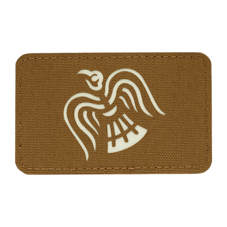 M-Tac Patch Ravneflag Laser Cut viser et vikingeflag med sort ravn på brun baggrund, velegnet til uniform eller taktisk udstyr.