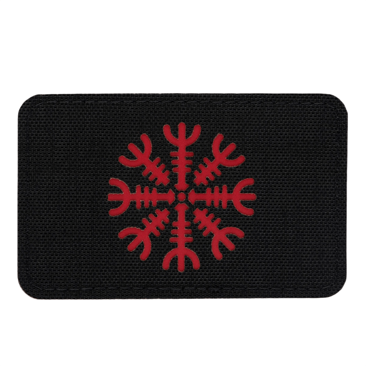 Alt Tag: M-Tac Patch Helm of Horror Vandret Laser Cut i Cordura 500D med ægishjálmur, sort med rød grafik, Velcro fastgørelse.