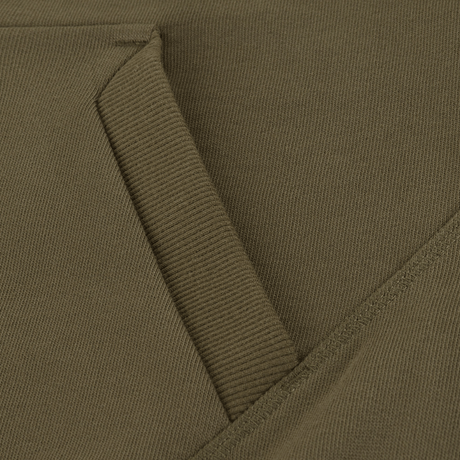 Nærbillede af M-Tac Cotton Raglan Hard Hoodie kængurulomme i olivengrøn 100% bomuld.