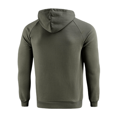 M-Tac Cotton Raglan Hard Hoodie i oliven fra bagsiden med raglanærmer og hætte i 100% bomuld.