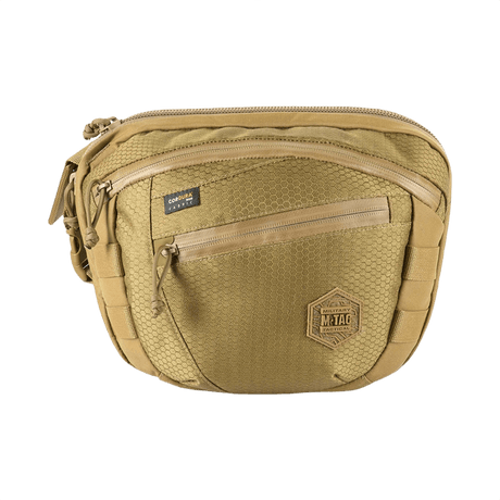 M-Tac Sphaera Hex Hardsling Bag Large Elite i sandfarvet med hexagon mønster og lynlåslomme foran, ideel til udendørs aktiviteter.