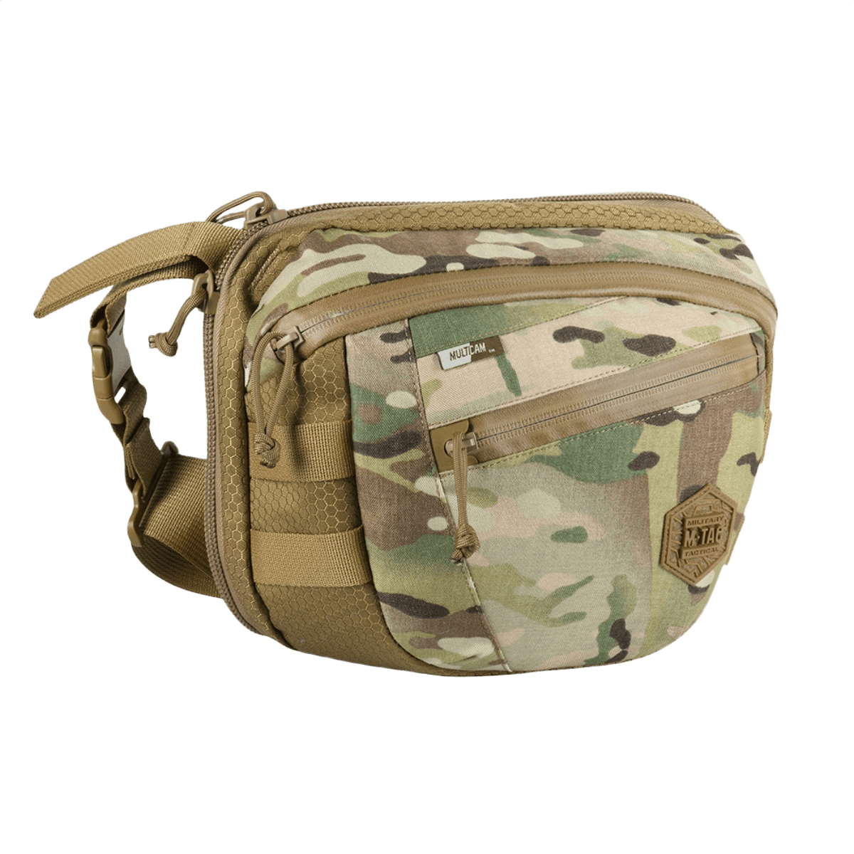 M-Tac Sphaera Hex Hardsling Bag Large Elite i camouflage design, ideel til outdoor aktiviteter, set fra siden.