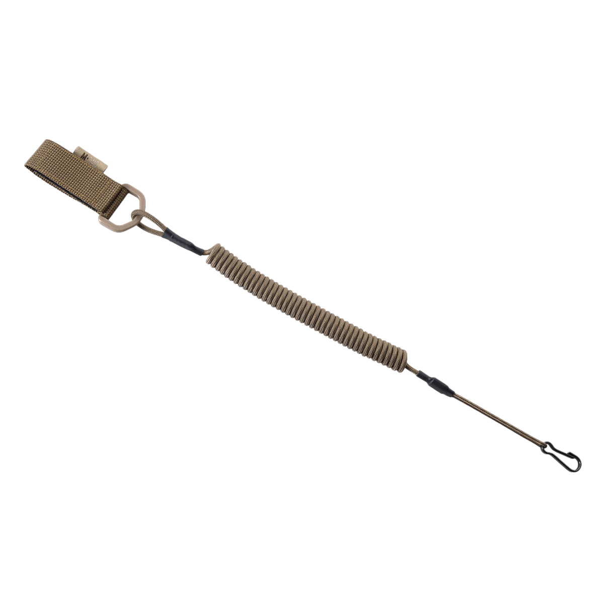 M-Tac Safety Cord med D-ring, spiralformet sikkerhedssnor med MOLLE-montering, til beskyttelse af udstyr som pistoler og nøgler.