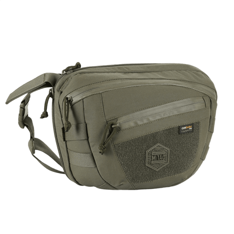 M-Tac Sphaera Hardsling Bag Large Elite med Velcro i grøn Cordura, kompakt design med MOLLE-system og justerbar skulderrem.