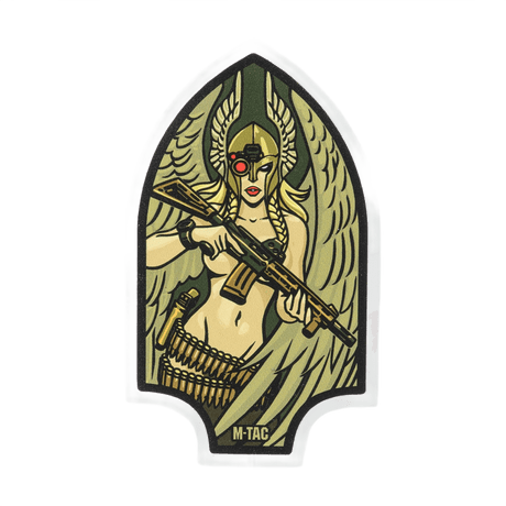 M-Tac Sticker Valkyrie viser en Valkyrie med hjelm og M4 gevær på Arrowhead patch baggrund, inspireret af mytologi og specialstyrker.