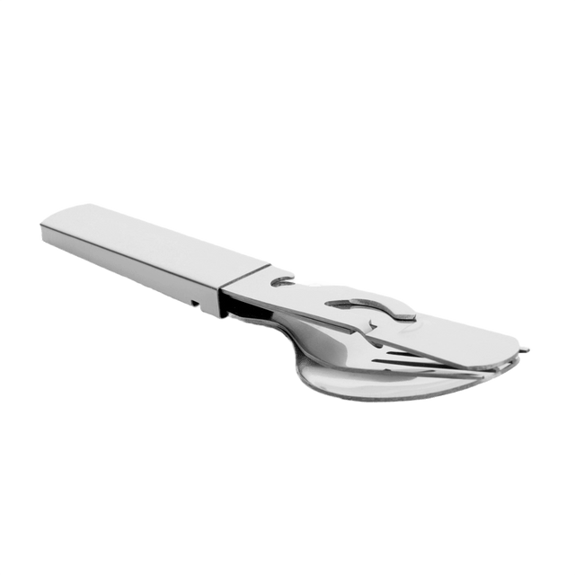 M-Tac Stål Bestiksæt Large (4 dele) rejsebestiksæt med ske, gaffel, kniv og åbeningsværktøj i kompakt design til campingbrug.