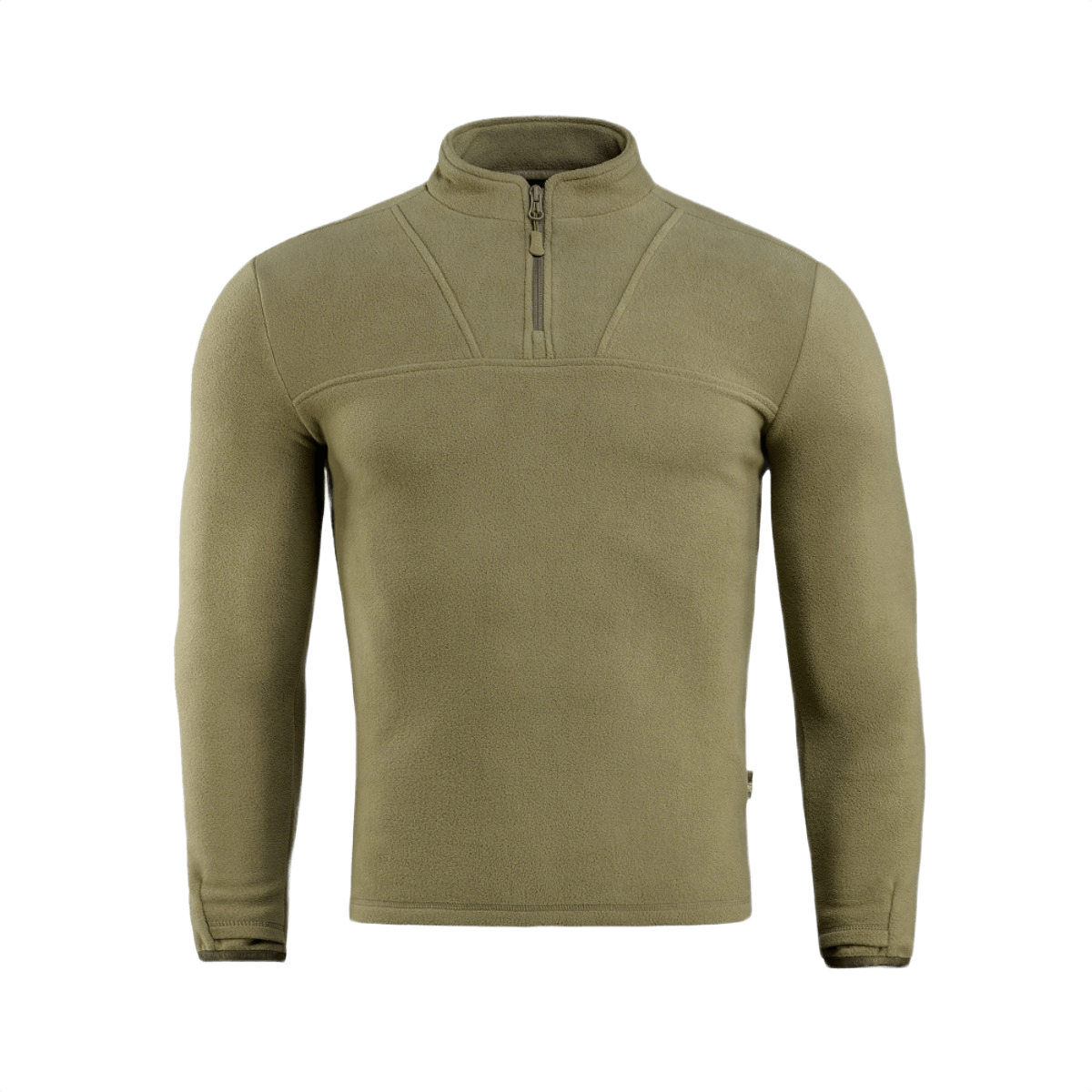 M-Tac Delta Fleece Jakke i olivengrøn, perfekt til udendørs aktiviteter, med tommelhuller for ekstra komfort, lavet af 190 g/m² fleece.