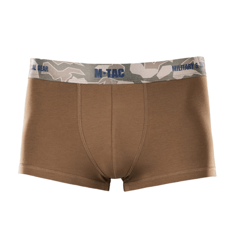 M-Tac Herre Boxer 93/7 i brun farve med camouflage mønster elastik, designet til komfort og holdbarhed, velegnet til aktiv livsstil.